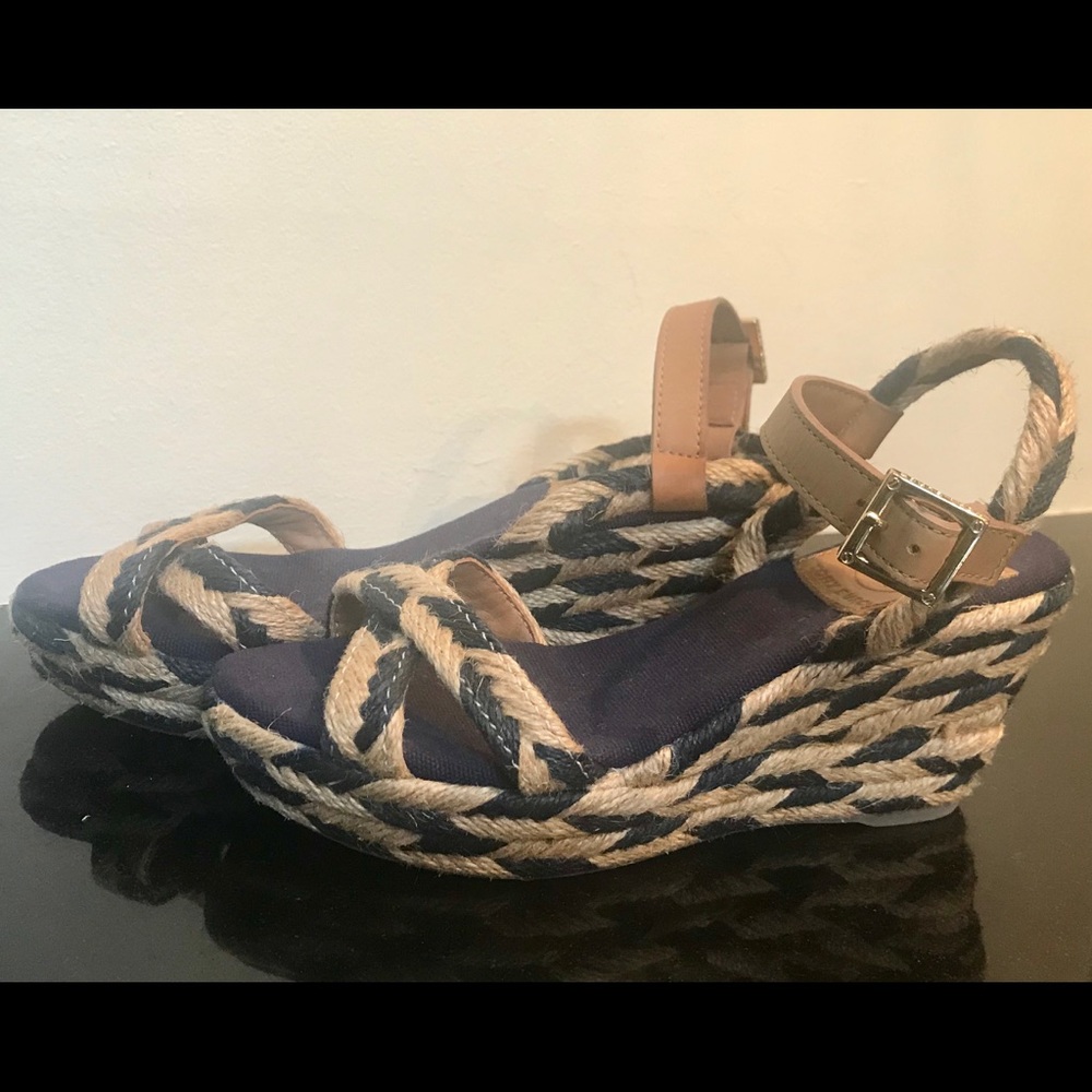 Tory Burch blue/tan Espadrille wedge sandal 35 5